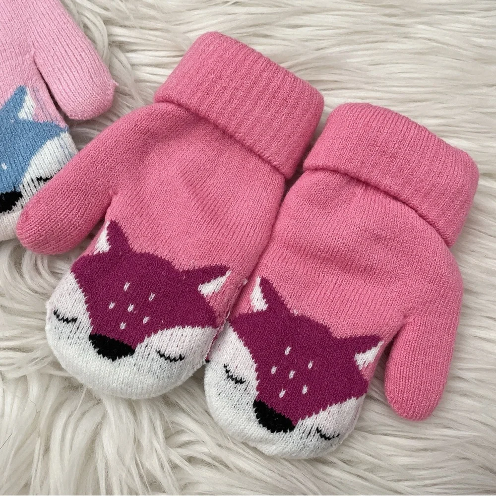 Toddler kids snow gloves with strings winter warm fox